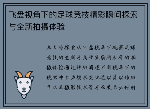 飞盘视角下的足球竞技精彩瞬间探索与全新拍摄体验