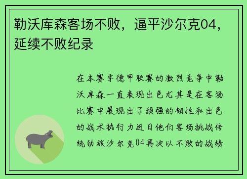 勒沃库森客场不败，逼平沙尔克04，延续不败纪录