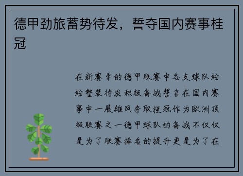 德甲劲旅蓄势待发，誓夺国内赛事桂冠