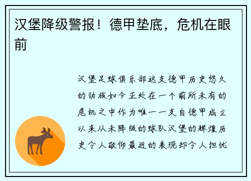 汉堡降级警报！德甲垫底，危机在眼前