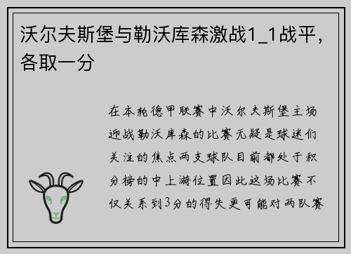 沃尔夫斯堡与勒沃库森激战1_1战平，各取一分