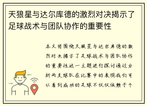 天狼星与达尔库德的激烈对决揭示了足球战术与团队协作的重要性