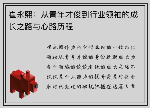 崔永熙：从青年才俊到行业领袖的成长之路与心路历程