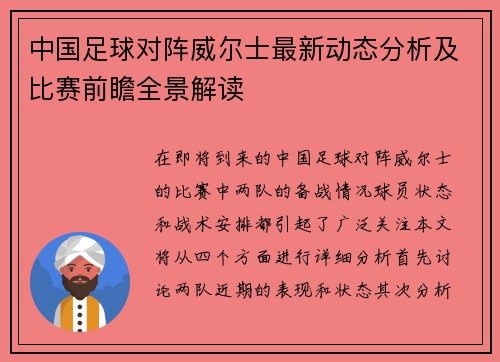 中国足球对阵威尔士最新动态分析及比赛前瞻全景解读