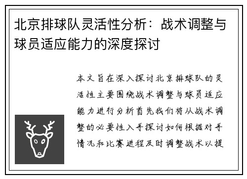 北京排球队灵活性分析：战术调整与球员适应能力的深度探讨