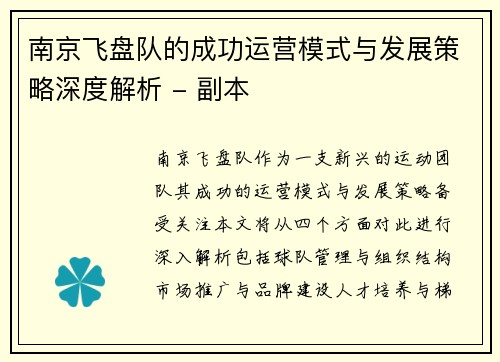 南京飞盘队的成功运营模式与发展策略深度解析 - 副本