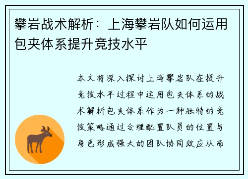 攀岩战术解析：上海攀岩队如何运用包夹体系提升竞技水平